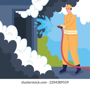 Fireman with hose puttin building