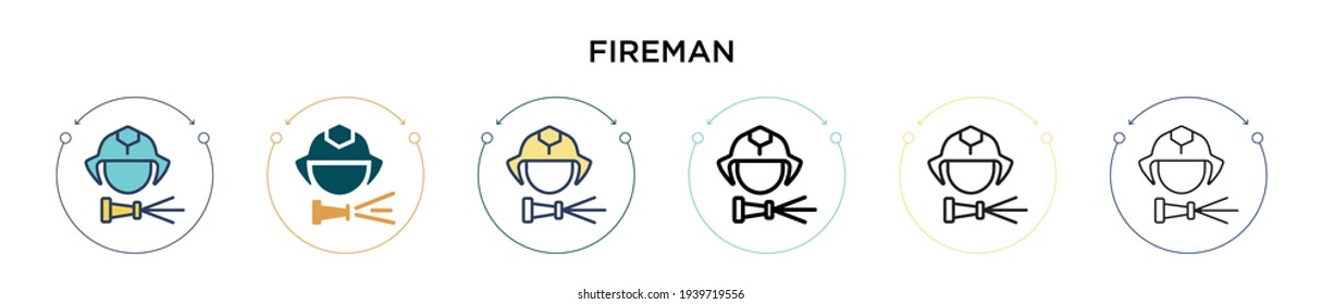 Fireman icon in filled, thin line, outline and stroke style. Vector illustration of two colored and black fireman vector icons designs can be used for mobile, ui, web