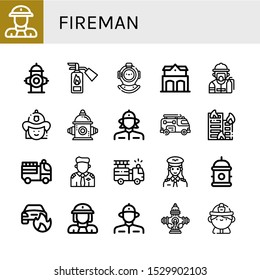 fireman icon set. Collection of Fireman, Fire hydrant, Fire extinguisher, Diving helmet, Fire station, Firefighter, Firewoman, truck, Building on Pilot, Hydrant icons