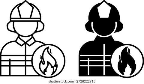 Feuerwehrsymbole. Schwarzweiße Vektorgrafiken. Person in Schutzanzug und Helm. Beruf. Rettungsdienst. Feuerwehrkonzept