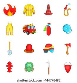 Fireman icons set in cartoon style isolated on white background