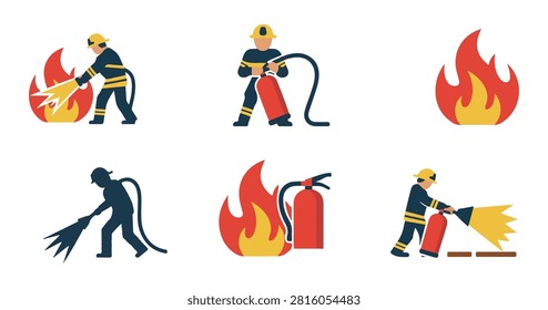 Fireman icons set using equipment to extinguish flames, protective suit figures, rescue team flat graphics.