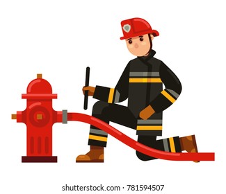 fireman installing a hose in fire hydrant flat style character vector illustration