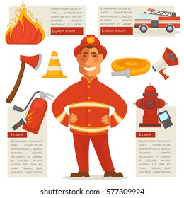 Fireman isolated and special objects set around. Vector web poster of fire truck, burning fire, yellow rolled cord, red loudspeaker, wooden ax and flashlight labels with written information.