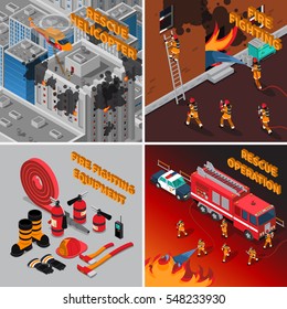 Fireman isometric concept with firefighter equipment and different kinds of rescue operations vector illustration