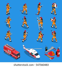 Fireman isometric set of firefighters in different situations truck helicopter extinguisher axe hose helmet isolated vector illustration