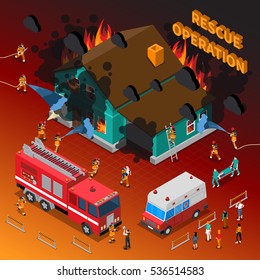 Fireman isometric template with firefighters extinguishing burning house hose truck people and ambulance vector illustration 