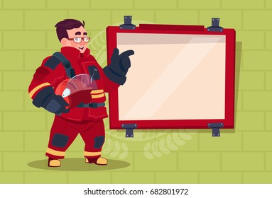 Fireman Leading Training Of Alarm On Board Wearing Uniform Hold Helmet Fire Fighter Over Brick Background Flat Vector Illustration