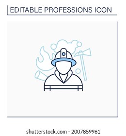 Fireman line icon. Firefighter. Man put out fires, rescue people.Dangerous job.Professions concept. Isolated vector illustration.Editable stroke