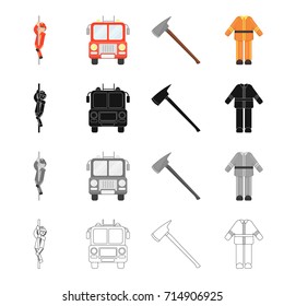 Fireman, machine, fire ax, fireman's protective suit. Fire Department set collection icons in cartoon black monochrome outline style vector symbol stock illustration web.