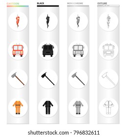 Fireman, machine, fire ax, fireman's protective suit. Fire Department set collection icons in cartoon black monochrome outline style vector symbol stock illustration web.