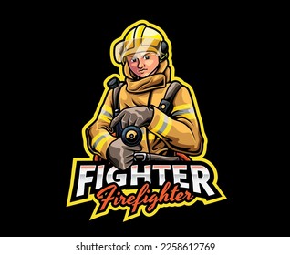 Fireman Mascot Logo Design. Hero on Duty, Brave Firefighter Mascot Illustration