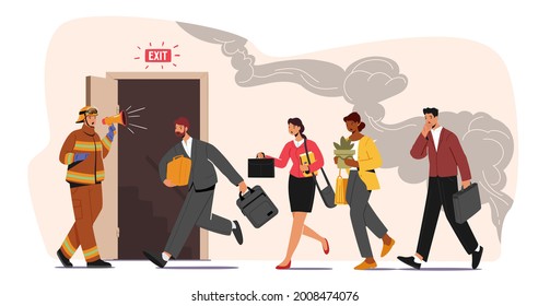 Fireman with Megaphone Announce Fire Emergency Evacuation Alarm. Alert Building Occupant Characters Escape Office in Life-threatening Situation, Hazard at Workplace. Cartoon People Vector Illustration