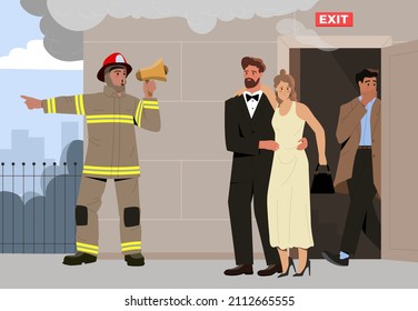 Fireman With Megaphone Announce Fire Emergency Evacuation Alarm. Office Employees Leave Building Or Workplace In Life Threatening Situation. House Smogged With CO. Cartoon Flat Vector Illustration