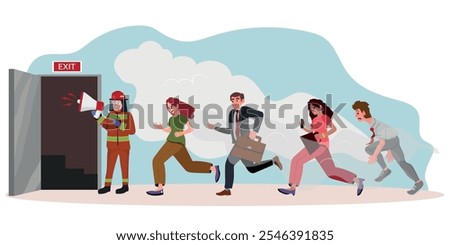 Fireman with Megaphone Announce Fire Emergency Evacuation Alarm. Alert Building Occupant Characters Escape Office in Life-threatening Situation, Hazard at Workplace. Cartoon People Vector Illustration