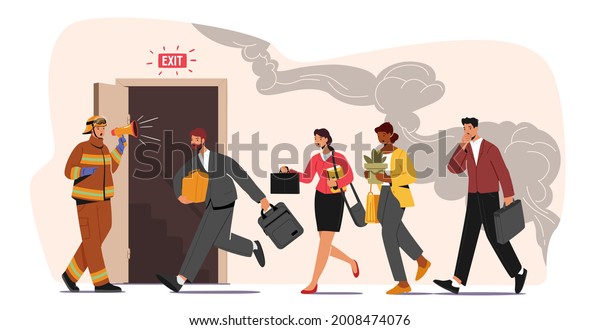 Fireman with Megaphone Announce Fire\
Emergency Evacuation Alarm. Alert Building Occupant Characters\
Escape Office in Life-threatening Situation, Hazard at Workplace.\
Cartoon People Vector\
Illustration
