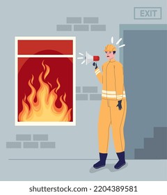 Fireman with megaphone in fire