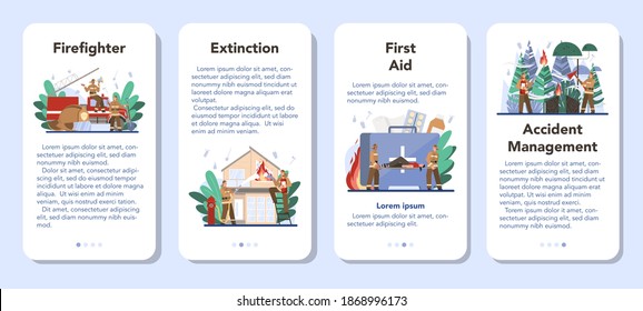 Fireman mobile application banner set. Professional fire brigade firhting with flame. Character holding a hydrant hose, watering burning building. Isolated flat vector illustration