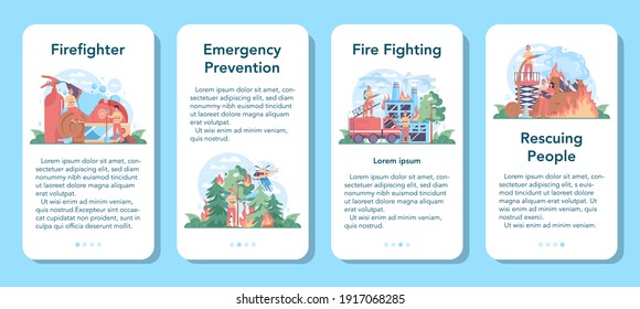 Fireman mobile application banner set. Professional fire brigade firhting with flame. Character wearing a helmet and uniform rescuing people from burning building. Isolated flat vector illustration