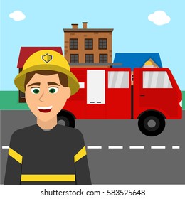 Fireman near fire engine