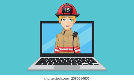 Fireman on computer screen. Firewoman in full gear, including helmet. Blonde hair and blue eyes. Vector illustration.