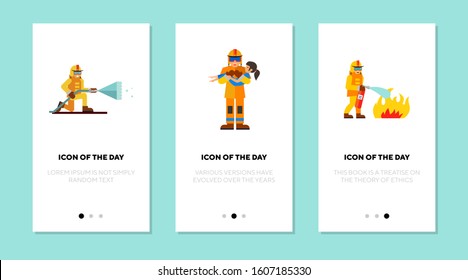 Fireman on duty flat vector icon set. Profession, saving lives, putting out fire isolated sign pack. Fire control and protection concept. Vector illustration symbol elements for web design and slides.