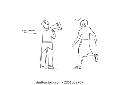 fireman on duty megaphone warning shouting people rushing running away