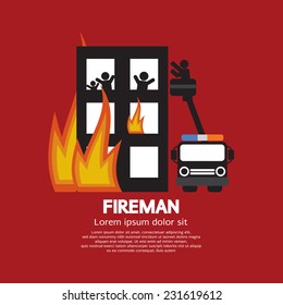 Fireman On Truck Helping The Victims Vector Illustration