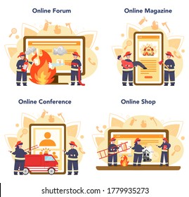 Fireman online service or platform set. Professional fire brigade firhting with flame. Character wearing a helmet and uniform. Online forum, magazine, conference, shop. Vector illustration