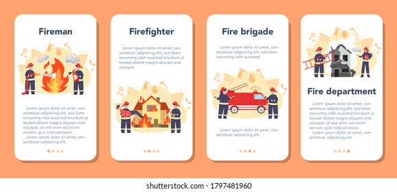 Fireman online service or platform set. Professional fire brigade firhting with flame. Character wearing a helmet and uniform. Online conference. Vector illustration