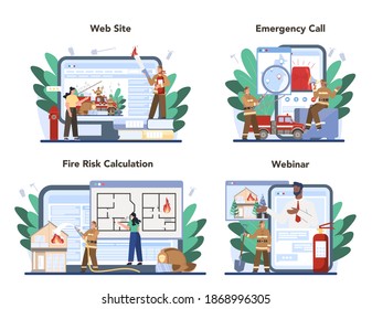 Fireman online service or platform set. Professional fire brigade holding a hydrant hose firhting with flame. Online webinar, emergency call, website, fire risk calculation. Flat vector illustration