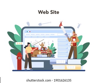 Fireman online service or platform set. Professional fire brigade holding a hydrant hose firhting with flame. Website. Flat vector illustration