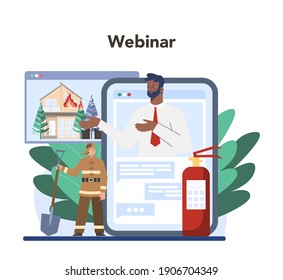 Fireman online service or platform set. Professional fire brigade holding a hydrant hose firhting with flame. Online webinar. Flat vector illustration