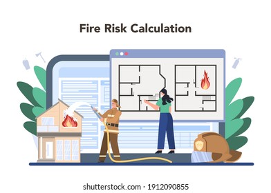 Fireman online service or platform set. Professional fire brigade holding a hydrant hose firhting with flame. Online fire risk calculation. Flat vector illustration