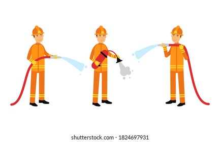 Fireman in Orange Uniform with Hosepipe and Fire Extinguisher Working Vector Illustration Set