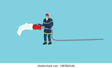 a fireman in overalls stands with a foam generator in his hands