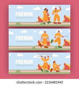 Fireman posters with fire brigade with extinguisher, water hose, buckets, ax and ladder. Vector banners with flat illustration of professional firefighters in helmet and safety costume