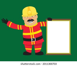 Fireman Presenting Banner Flat Vector Cartoon Illustration 