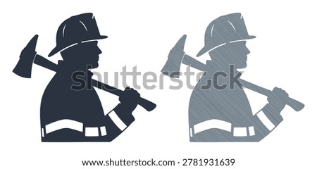 Fireman profile vector, hero worker silhouette, axe on shoulder, emergency service symbol.