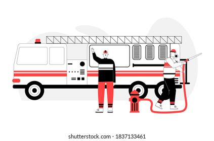 Fireman in protective clothing holds hydrant hose, firefighter stands near fire truck. Team saving lives in emergency isolated. Special vehicle, rescue equipment. Vector character linear illustration