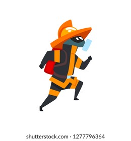 Fireman in a protective mask running, firefighter character in uniform vector Illustration on a white background