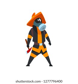Fireman in a protective mask standing with axe, firefighter character in uniform vector Illustration on a white background