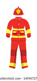 Fireman protective suit flat vector illustration. Firefighting professional safety uniform isolated clipart on white background. Fireman clothes and helmet. Emergency, rescuer service design element