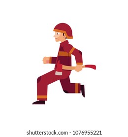 Fireman in protective uniform and helmet runs holding axe with red blade to put out fire and save people isolated on white background. Flat cartoon vector illustration of rescuer at work.