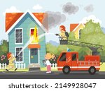 Fireman put out house fire. Firefighters crew fight house fire on street Firefighter, fireman stands in bucket on long ladder of firetruck and directs the water flow of water towards the fire.