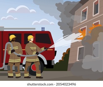 Fireman put out house fire concept. Men in protective clothing extinguish flames with water. Saving lives or dangerous profession. Cartoon flat vector illustration isolated on colorful background