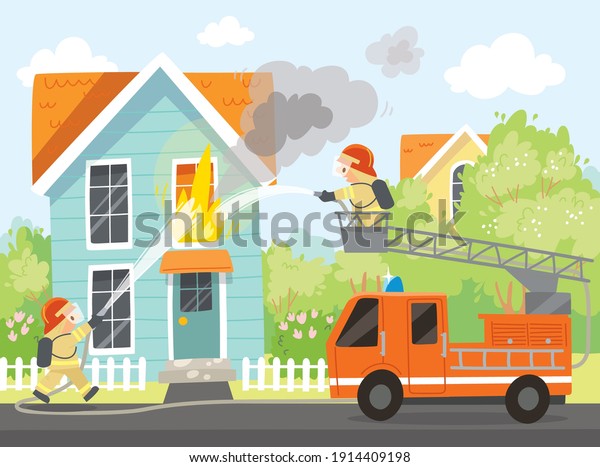 Fireman put out house fire, Firefighter, fireman\
stands in bucket on long ladder of firetruck and directs the water\
flow of water towards the fire.Firefighters crew is putting out\
house fire on street