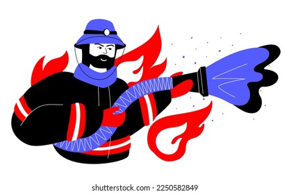 Fireman puts out the flame - colorful flat design style illustration with linear elements. Red and blue colored composition with bearded man in uniform pouring water from a hose on a fire. Disaster