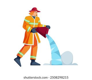 Fireman putting out fire by pouring water on spot with flames. Vector flat cartoon character, isolated firefighter man wearing protective helmet and suit, working in emergency situation