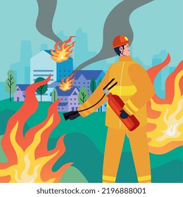 fireman putting out fire with extinguisher